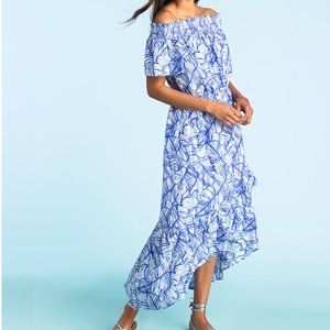 Vineyard Vines blue white banana leaf print off the shoulder dress sz 2 $188